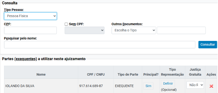Selecionar pedido de justiça gratuita